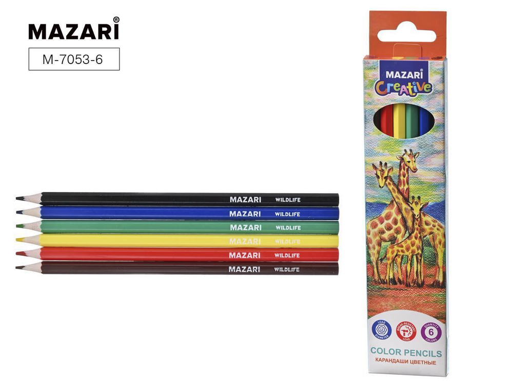 Карандаши 6цв. "Wildlife" пластиковые, шестигр.корпус,d грифеля=2,6мм, коробка с европодвесом (Mazar