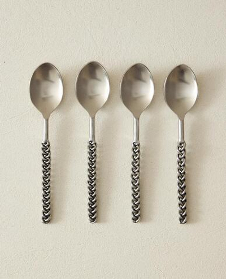 ZARA HOME НАБОР ДЕСЕРТНЫХ ЛОЖЕК С ПЛЕТЕНЫМИ РУЧКАМИ (4 ШТ.), СТАЛЬНОЙ СЕРЫЙ