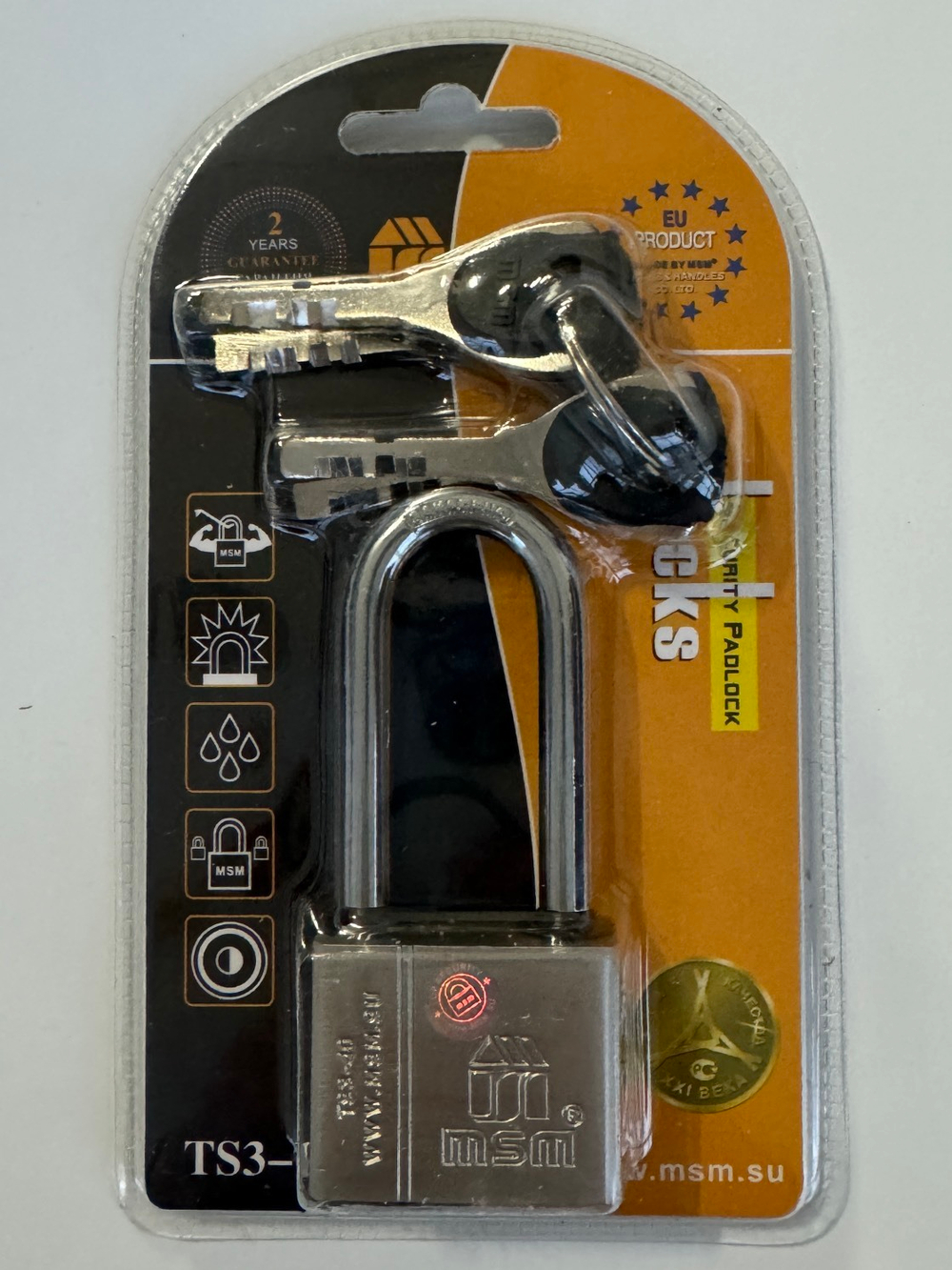 Замок навесной MSM TS3-40 L длинная дужка Blister 4 ключей