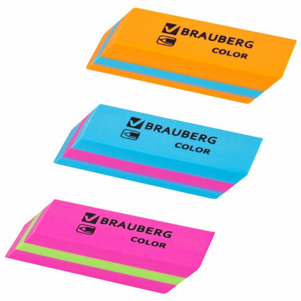Ластик BRAUBERG "Color", 55х15х13 мм, прямоугольный, скошенный, яркие цвета ассорти, 272671