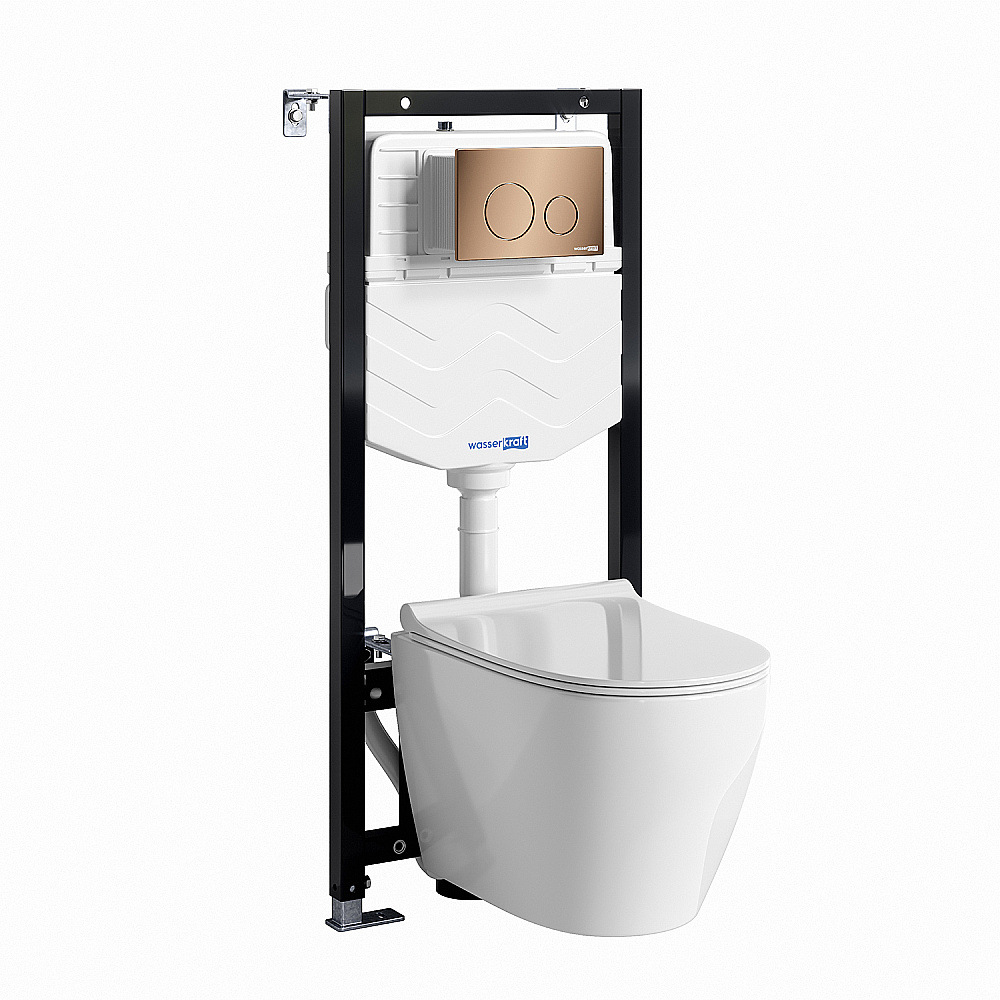 Унитаз подвесной WasserKRAFT Berkel 10TLT.010.ME.RG02.H002 безободковый, с инсталляцией Aller 10, с крышкой микролифт, белый/кнопка розовое золото