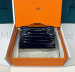 Сумка Hermes Kelly Pochette из глянцевой крокодильей кожи темно-синяя