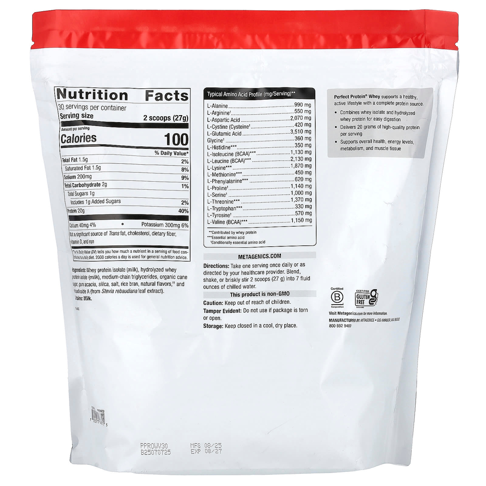 Metagenics, Perfect Protein® Whey, натуральная ваниль, 810 г (1 фунт 12,57 унции)