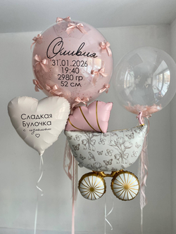 Воздушные гелиевые шары на Выписку из роддома дочки коляска/пыльная роза №4701
