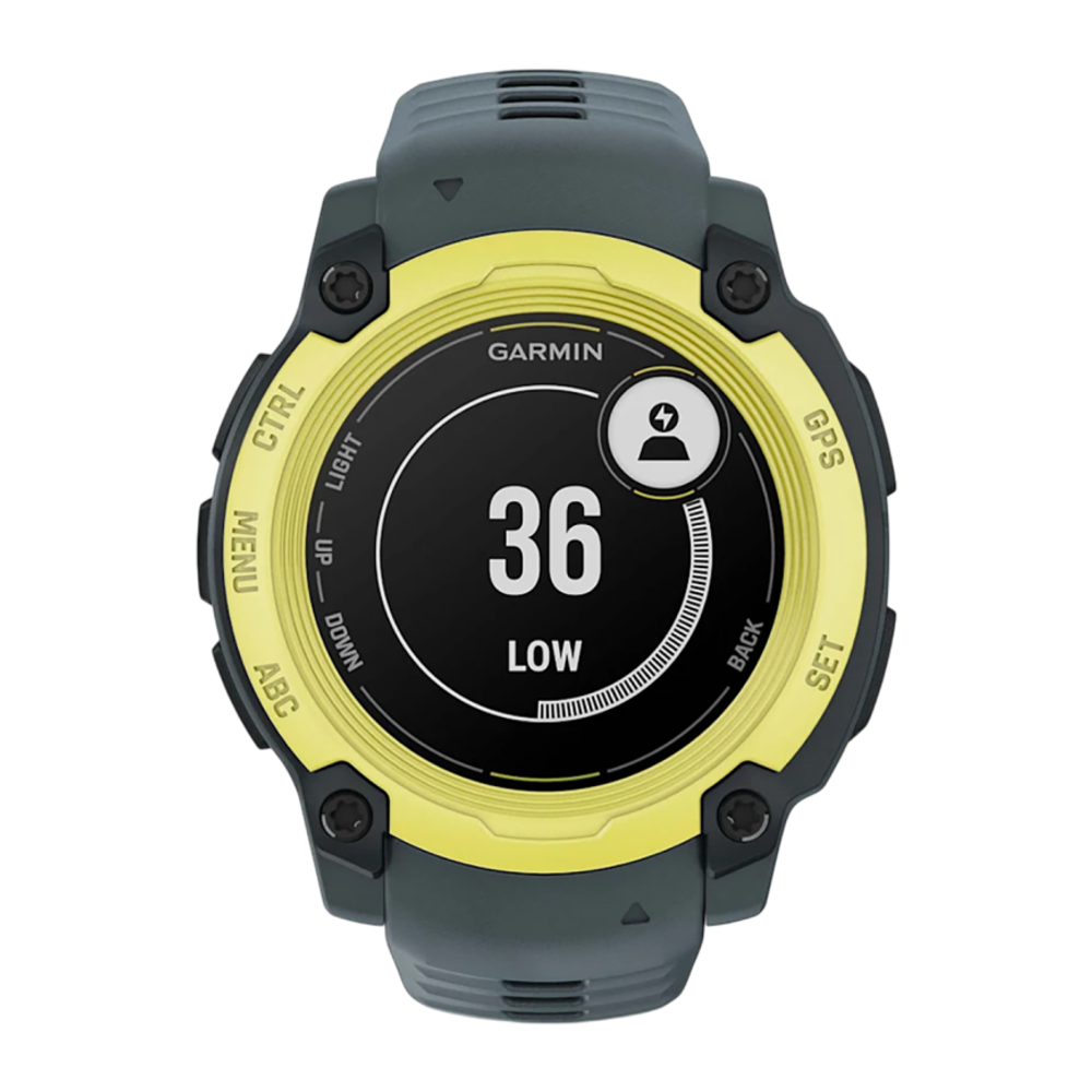 Спортивные часы Garmin Instinct E, 40 мм, силиконовый ремешок сумеречного цвета Безель цвета «электрический лайм». Ремешок с классической застёжкой — на запястье обхватом 107–179 мм