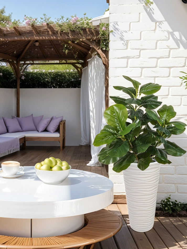 Искусственное растение Фикус Лирата 120 см зеленый в высоком круглом белом кашпо