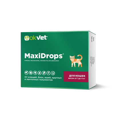 OKVET MAXIDROPS Капли от блох, клещей и гельминтов для кошек массой 1-4 кг
