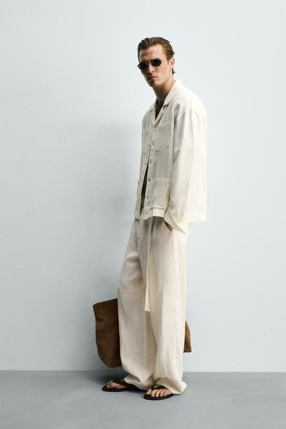 ZARA БРЮКИ СВОБОДНОГО КРОЯ ИЗ 100% ЛЬНА С РЕМНЕМ, ЖЕЛТОВАТО-БЕЛЫЙ