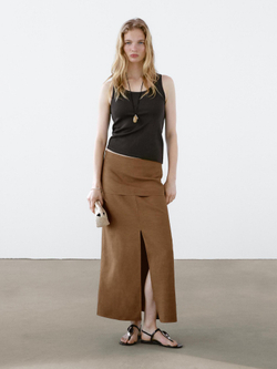 Massimo Dutti Короткая юбка из струящейся ткани с корсетным поясом, горчичный