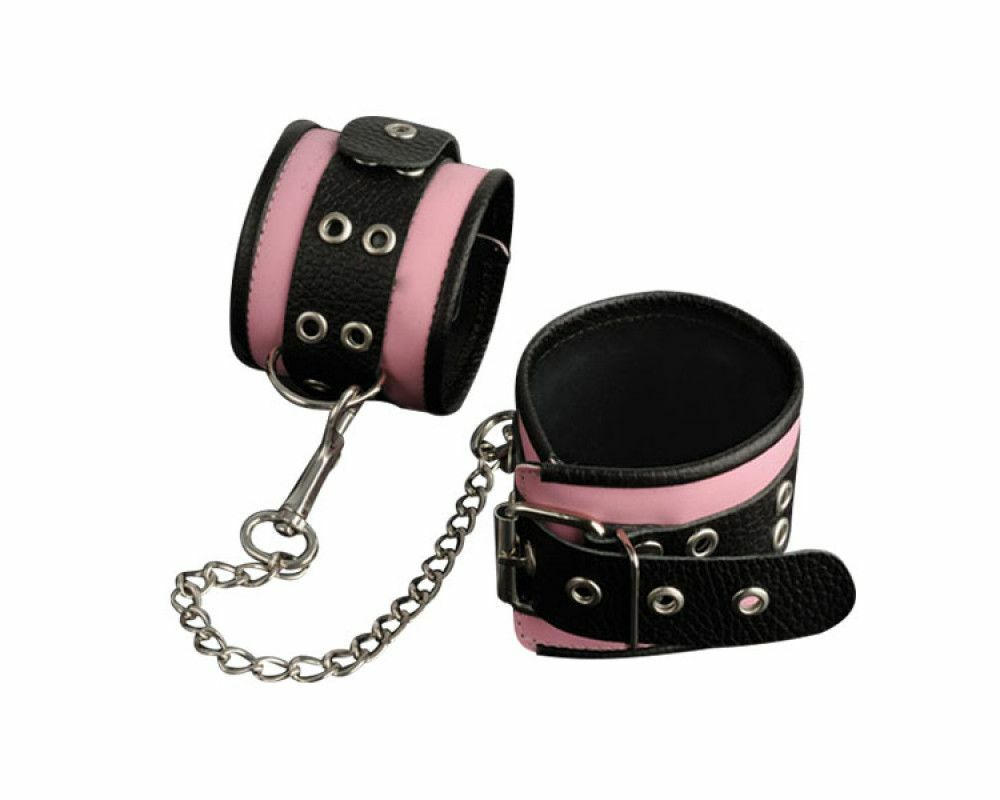 Кожаные розовые оковы с черным широким ремешком (Цвет: розовый с черным)