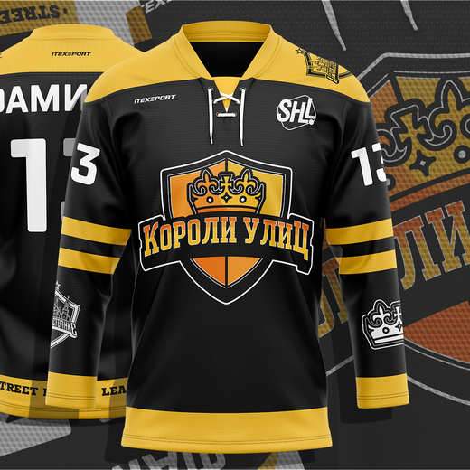Хоккейная майка джерси черная турнира SHL ПРОТИВОСТОЯНИЕ 2018 команда КОРОЛИ УЛИЦ, на заказ