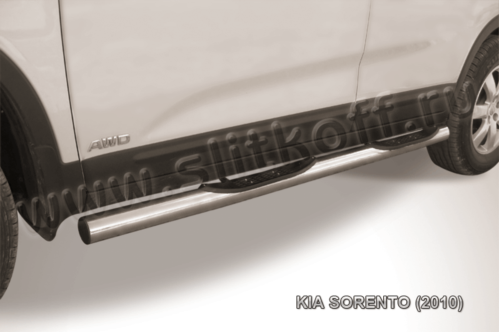 Пороги из нержавейки Kia Sorento (2009-2012) d76 с проступями (черный цвет)