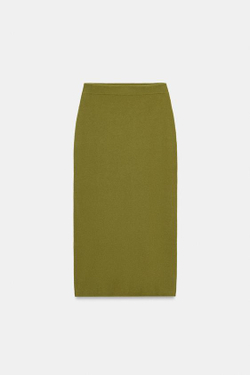 ZARA ТРИКОТАЖНАЯ ЮБКА МИДИ, ЦВЕТ МХА