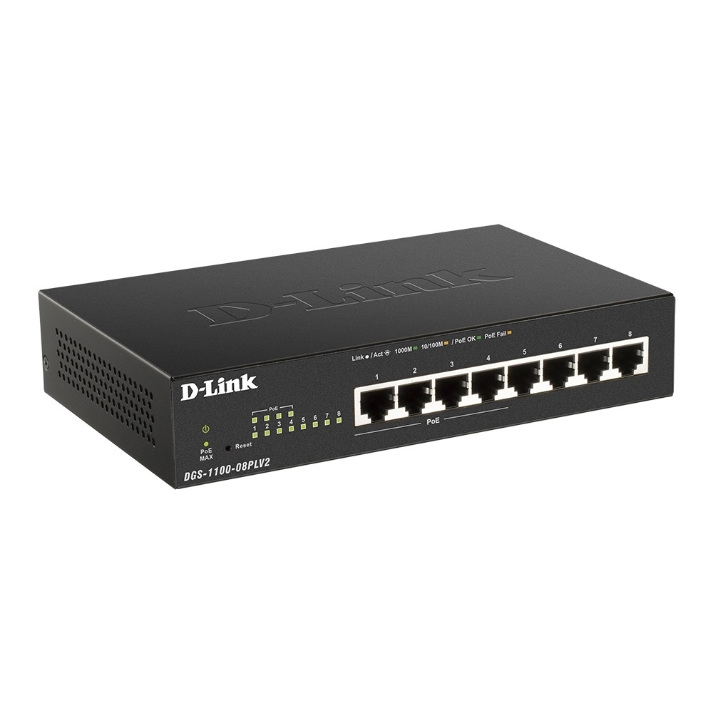 Коммутатор D-Link DGS-1100-08PLV2/A1A Настраиваемый L2 коммутатор с 8 портами 10/100/1000Base-T (4 порта PoE 802.3af/at, PoE-бюджет 80 Вт)