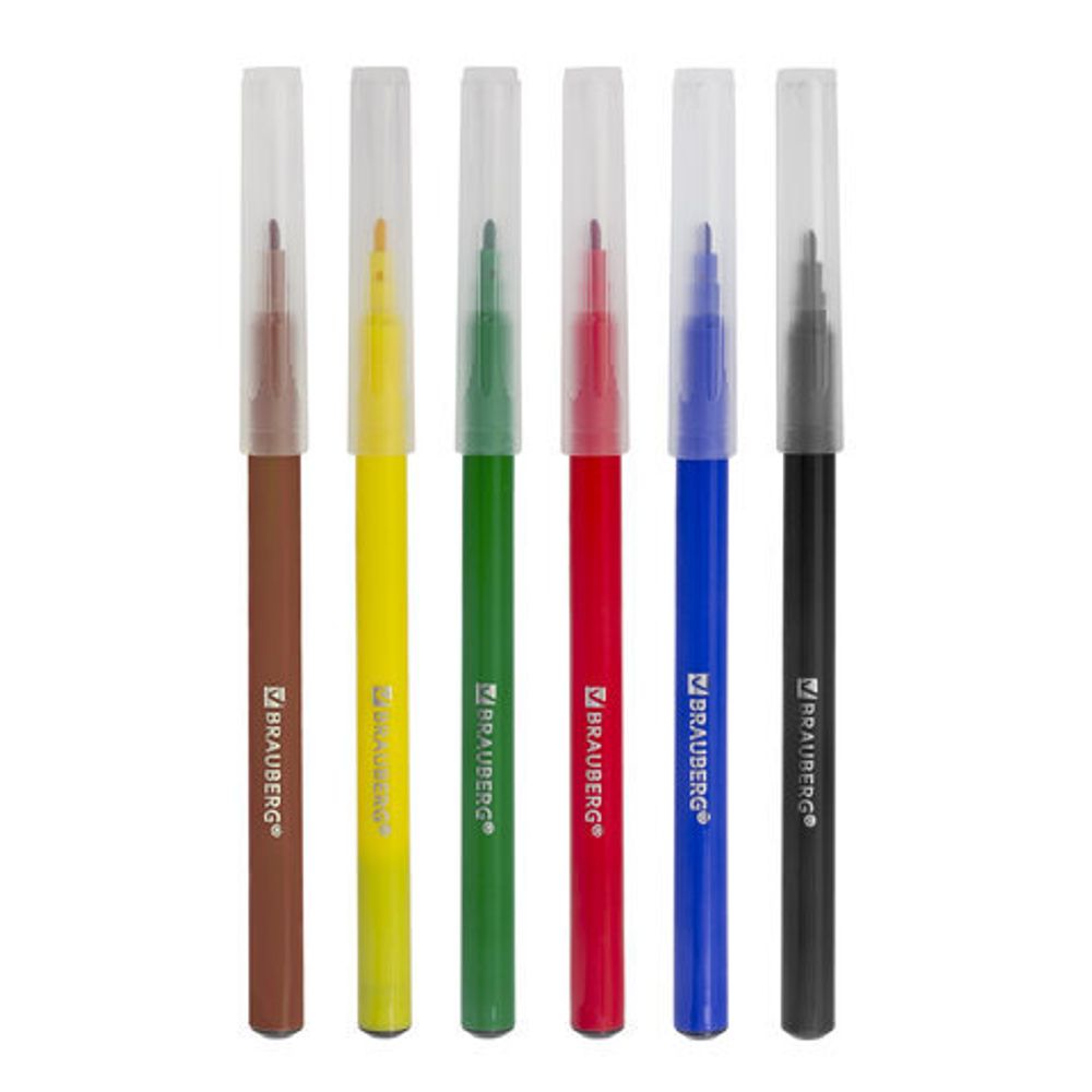 Фломастеры BRAUBERG "PREMIUM", 6 цветов, КЛАССИЧЕСКИЕ, вентилируемый колпачок, ПВХ-упаковка с европодвесом, 151933