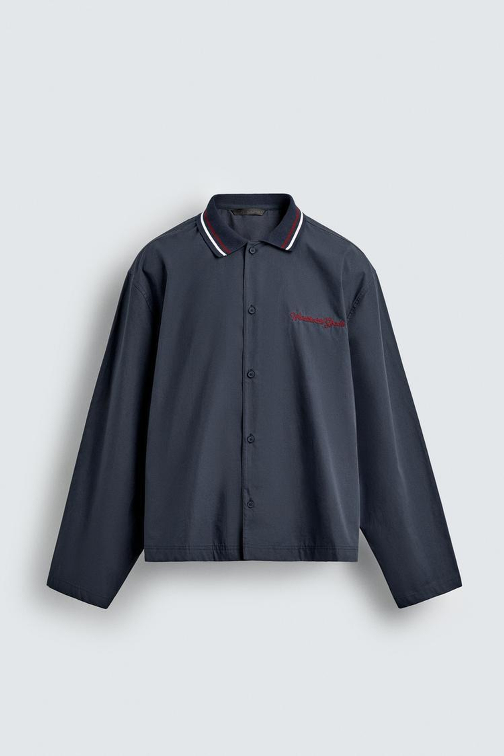 ZARА РУБАШКА С ВЫШИТЫМ ВОРОТНИКОМ В РУБЧИК, МОРСКОЙ СИНИЙ