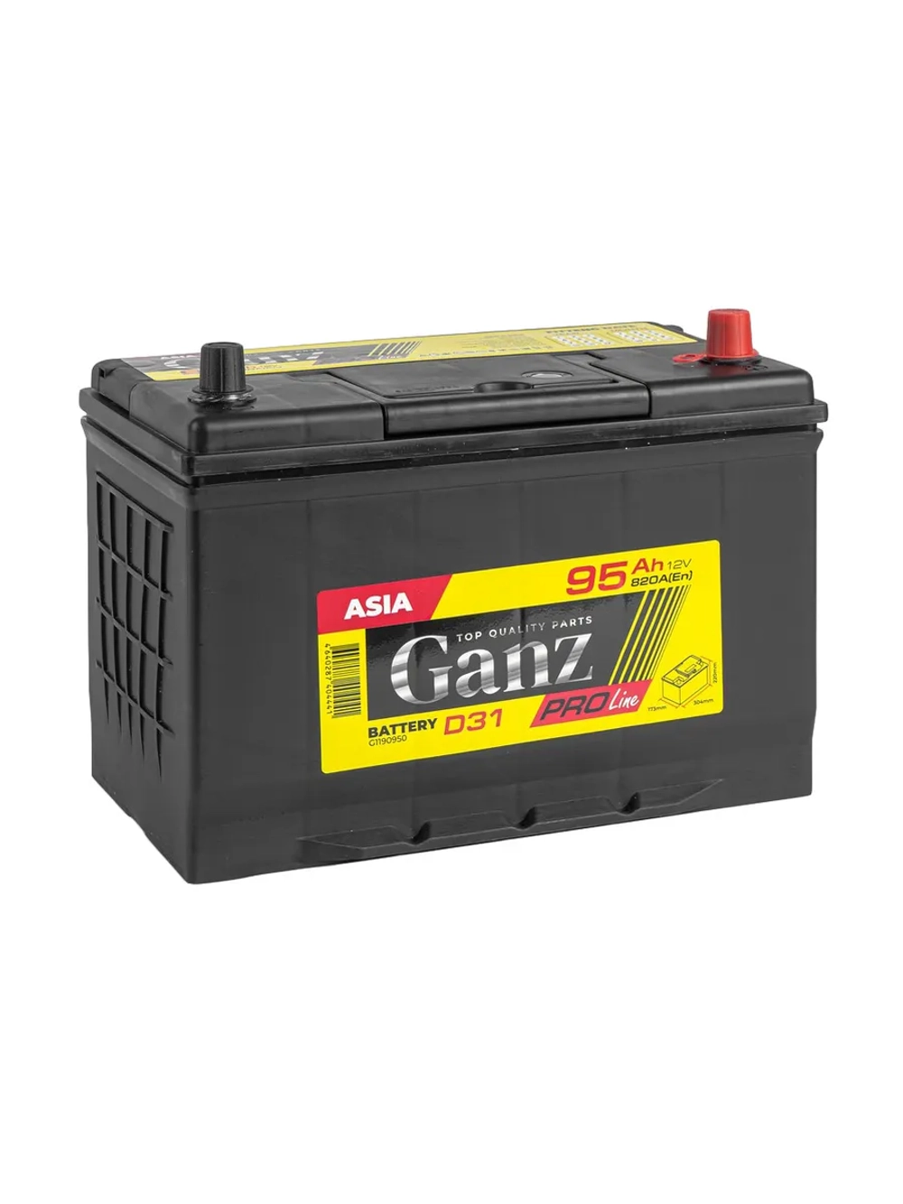 Аккумулятор GANZ PRO-Line JIS 95 А/ч, обратный R+, 304x173x220, для легковых автомобилей, высокая мощность и надежность, Ca/Ca