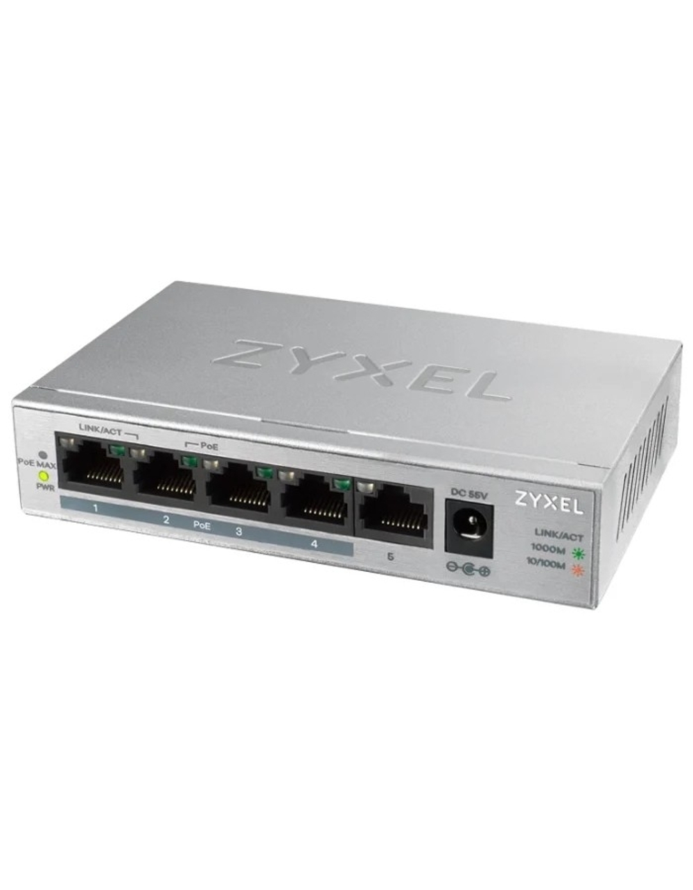Коммутатор ZYXEL GS1005HP-EU0101F PoE+ коммутатор GS1005HP, 5xGE (4xPoE+), настольный, металлический, бесшумный, бюджет PoE 60 Вт