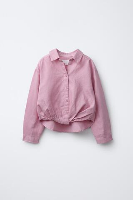 ZARA РУБАШКА ИЗ СМЕСОВОГО ЛЬНА СО СБОРКАМИ, РОЗОВЫЙ