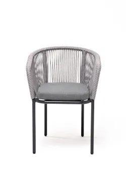 "Марсель" стул плетеный из роупа, каркас алюминий темно-серый (RAL7024) муар, роуп светло-серый круглый, ткань светло-серая
