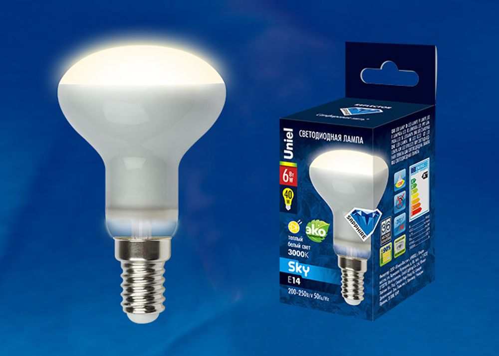 LED-R50-6W/WW/E14/FR PLS02WH Лампа светодиодная. Форма «Рефлектор», матовая. Серия Sky. Теплый белый свет. Картон. ТМ Uniel.