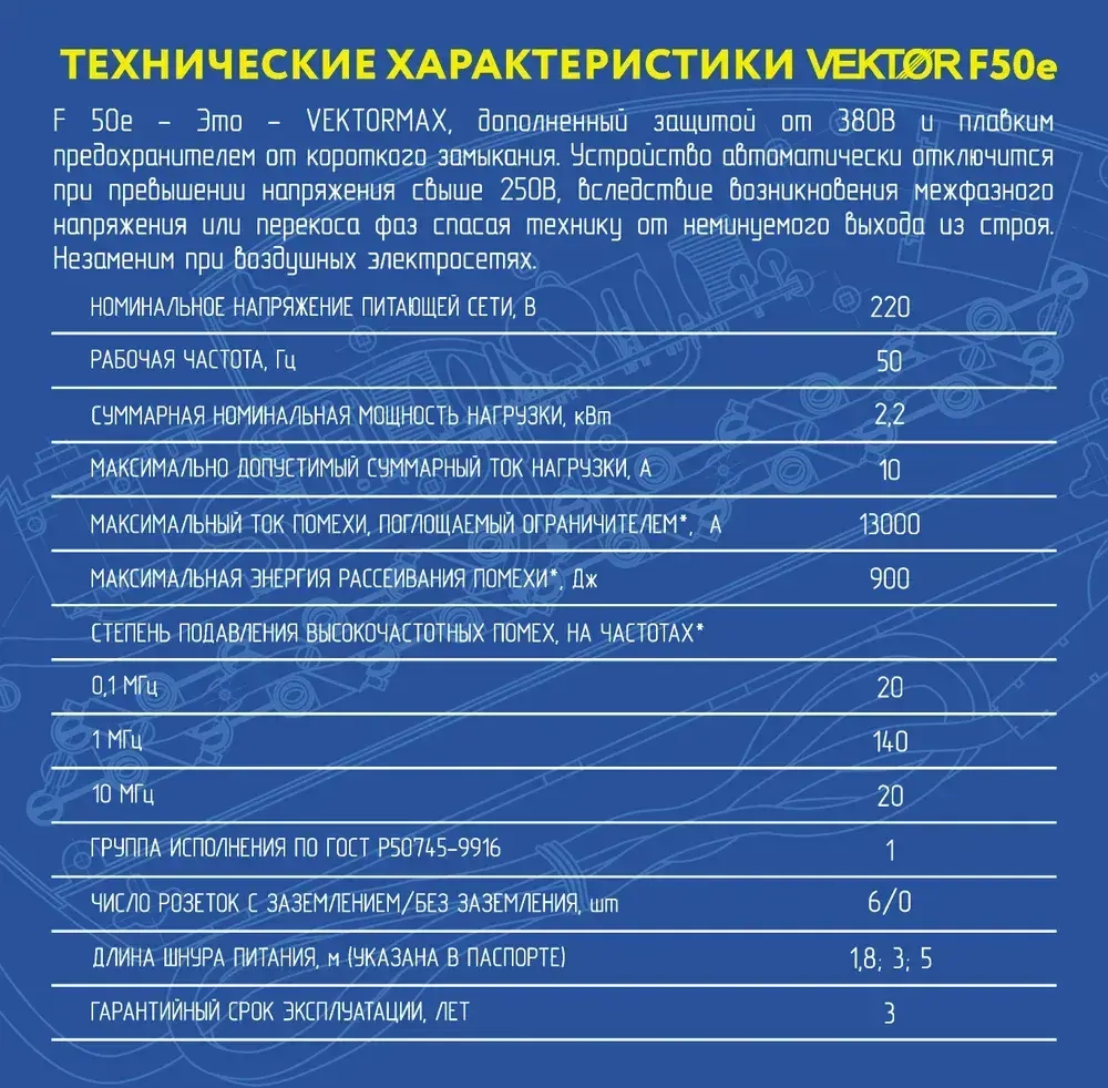 Сетевой фильтр с реле контроля напряжения сети, защита от 380В VEKTOR F50e 1,8м черный