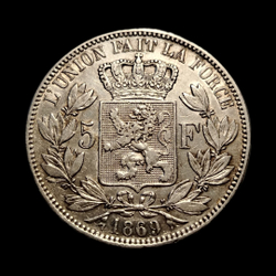 Монета Бельгии 5 франков 1869 год "Леопольд II"