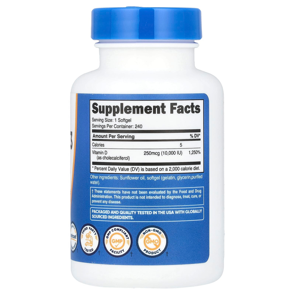 Nutricost, Витамин D3, 250 мкг (10 000 МЕ), 240 мягких таблеток