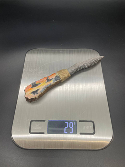 Обсидиановый нож зигзаг с рукояткой из рога оленя с рисунком "Закат и птицы" 15 см