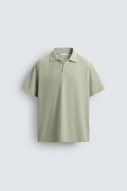 ZARA ПОЛО REGULAR FIT ИЗ ХЛОПКА С РЕЛЬЕФНЫМ УЗОРОМ, СЕРО-ЗЕЛЕНЫЙ