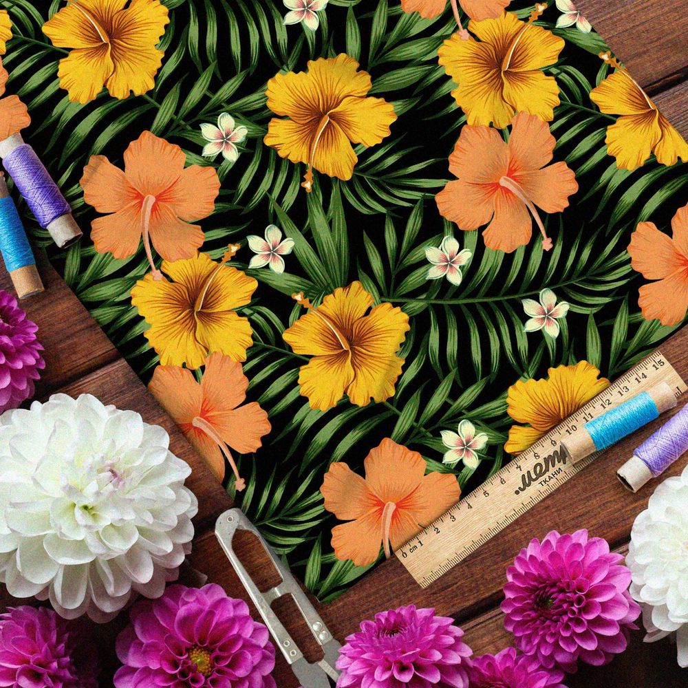 Ткань барби крупные жёлтые цветы и яркий папоротник