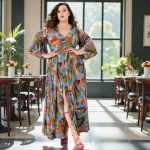 Платье с разрезом, принт яркий