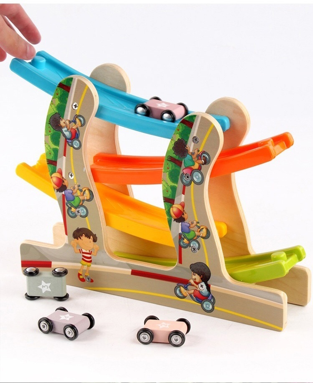 Деревянный 4-уровневый автотрек "Веселый спуск" VI VI WOOD TOY