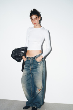 ZARA ФУТБОЛКА С ДЛИННЫМИ РУКАВАМИ, БЕЛЫЙ