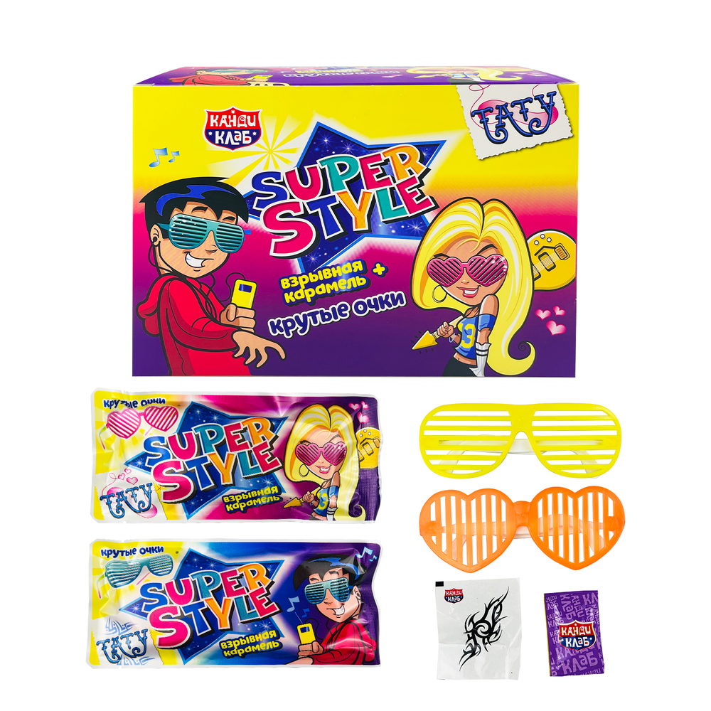 Карам. взрыв. "ОЧКИ SUPER STYLE" с тату  12*30шт 1г