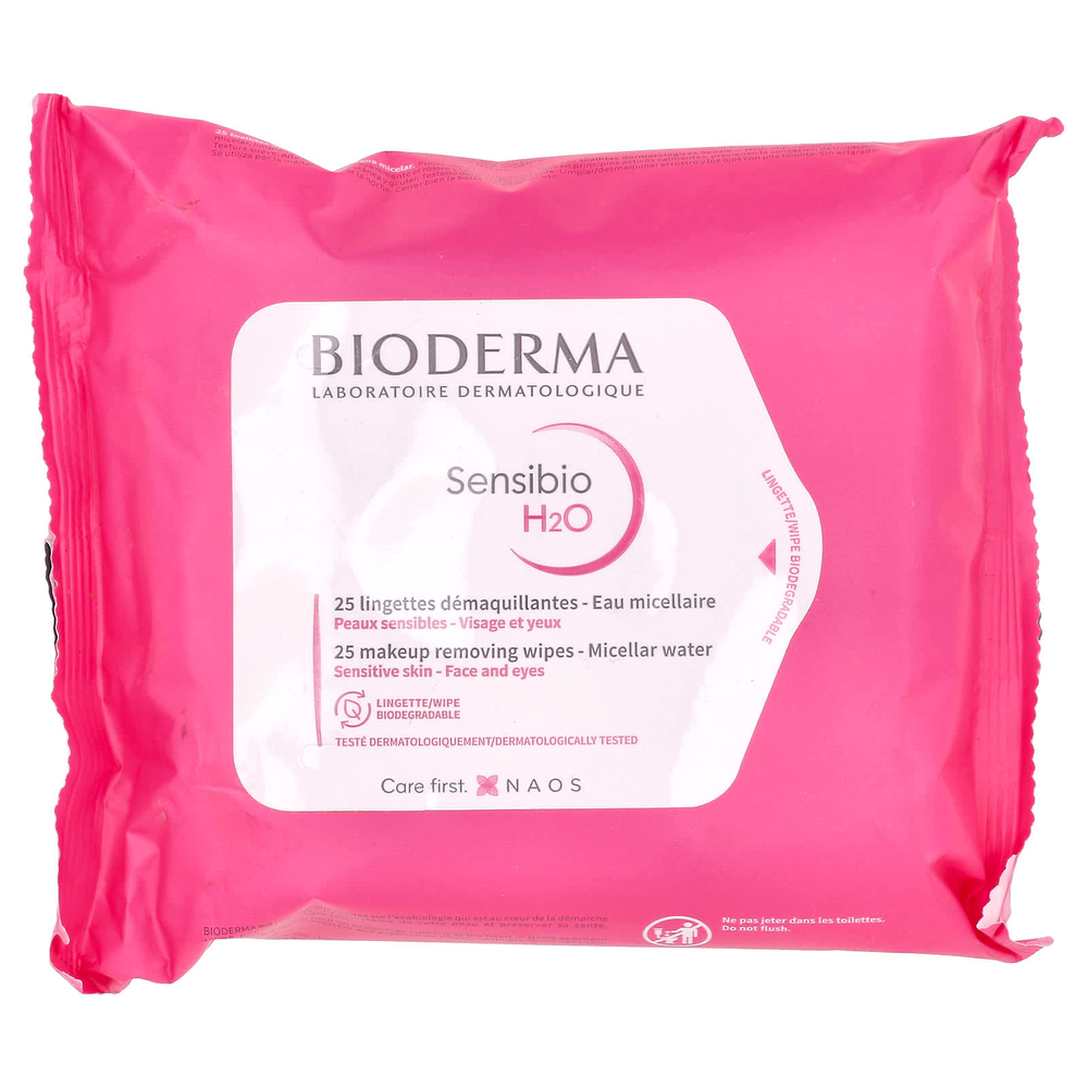 Bioderma, Sensibio H2O, салфетки для снятия макияжа, 25 салфеток