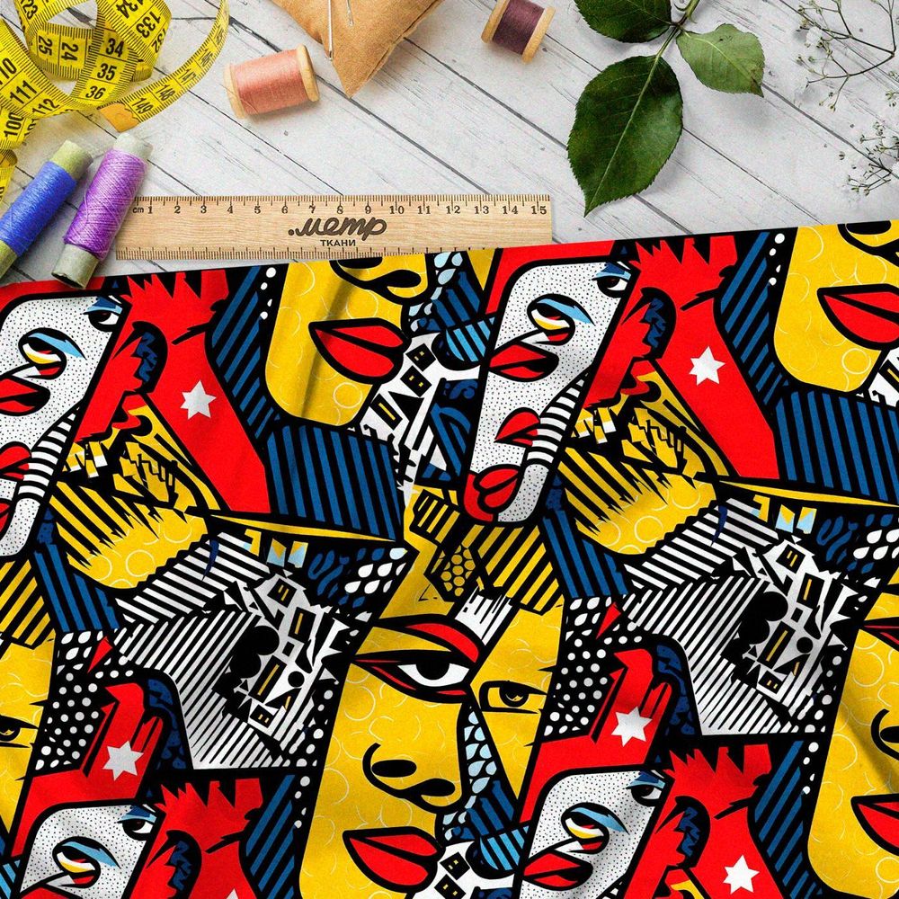 Ткань Ниагара Софт яркий фантазийный коллаж