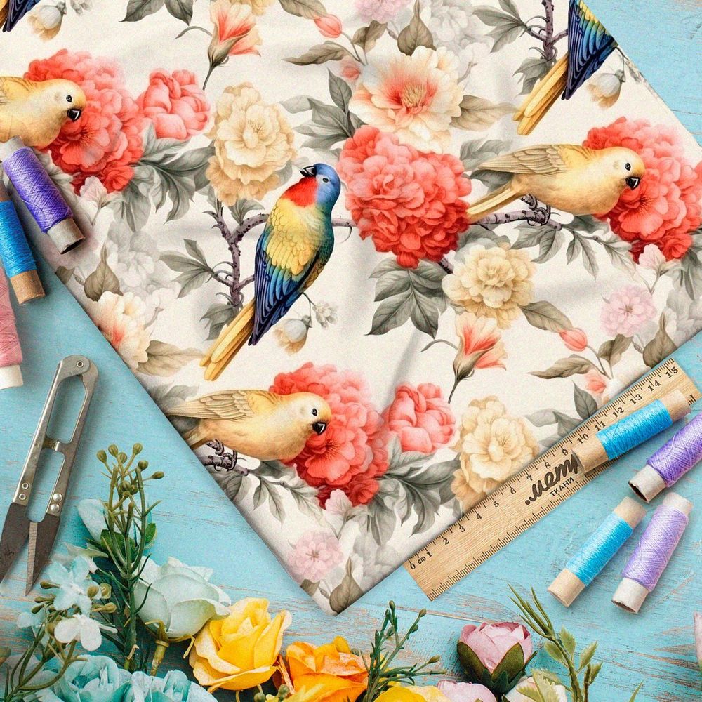 Ткань премиум бифлекс попугаи в крупных цветах