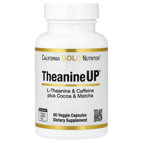 California Gold Nutrition, TheanineUP®, L-теанин, кофеин, какао и матча, 60 растительных капсул