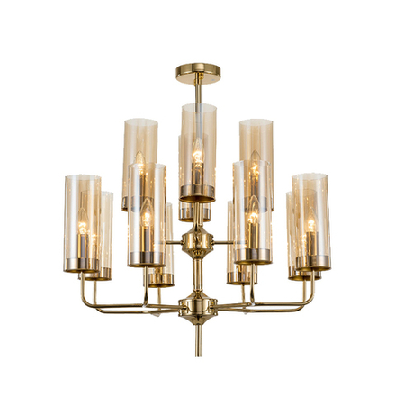 Chandelier  Brass & Blue Glass Tube by Hans-Agne Jakobsson (12 lampshades,  Beige)