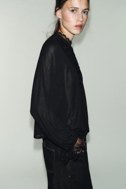 ZARA ТОП С ВЫШИВКОЙ И ДЛИННЫМИ РУКАВАМИ, ЧЕРНЫЙ