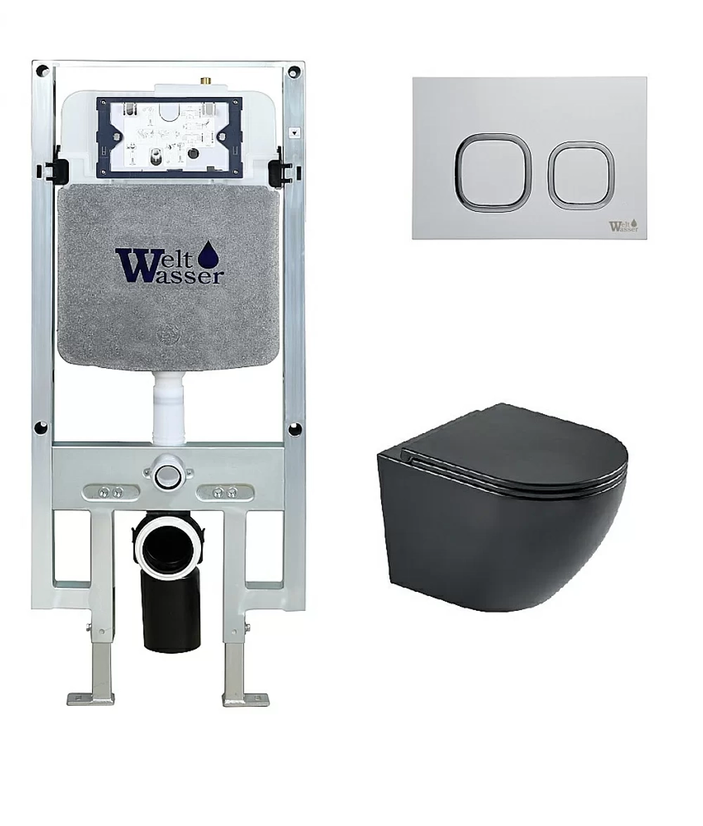 Унитаз подвесной WeltWasser AMBERG 497 ST + HEIMBACH 043 MT-BL + AMBERG RD-WT черный матовый, безободковый, с крышкой микролифт, слив-торнадо, с инсталляцией и белой кнопкой