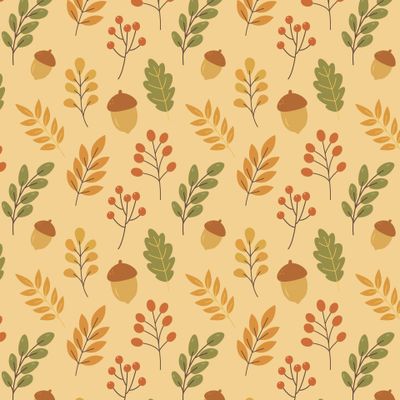 Ручные жёлуди, дубовые листья и ягодные веточки в тёплой осенней палитре.