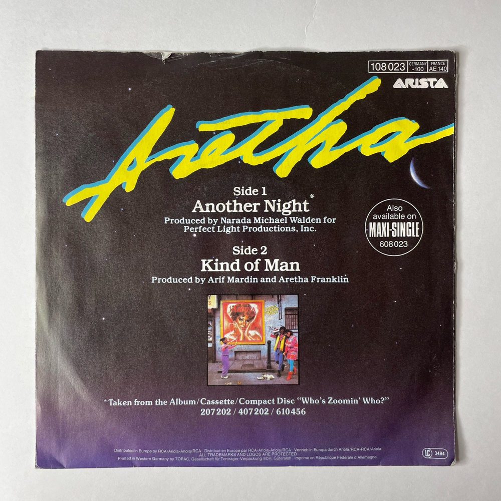 Винтажная виниловая пластинка 7 дюймов (маленькая пластинка) Aretha Franklin Another Night (Германия 1986)