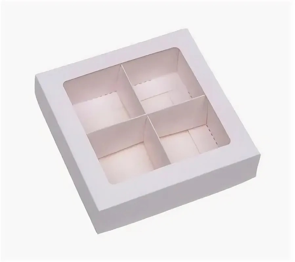 Коробка под 4 конфеты с окном, белый 126х126х35