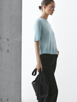 Massimo Dutti Трикотажный свитер из смесовой альпаки с короткими рукавами, небесно-голубой