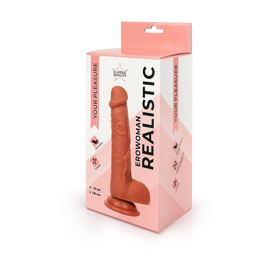 Erowoman Realistic ER-30051 – реалистичный фаллоимитатор на присоске с мошонкой, коричневый, 18,5 см