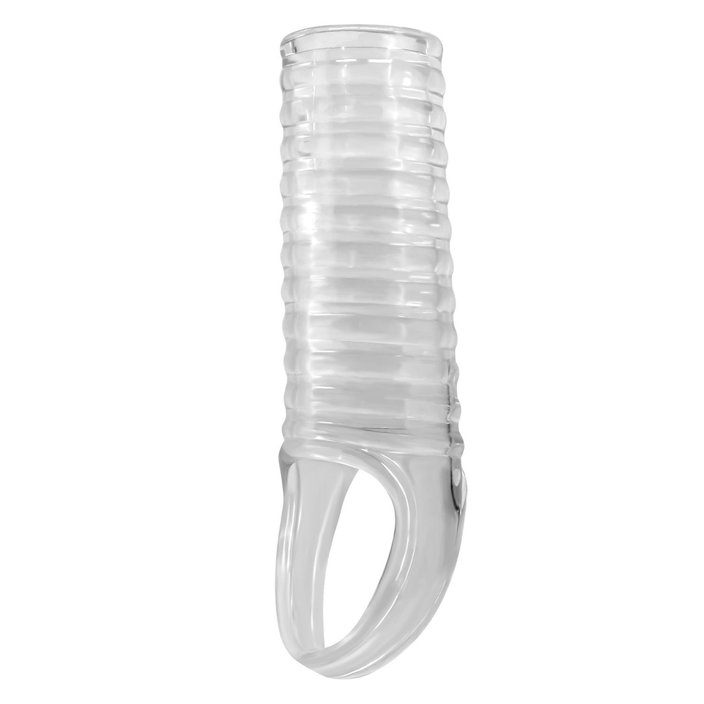 Прозрачная насадка на пенис с ребрышками и подхватом мошонки (Цвет: прозрачный)