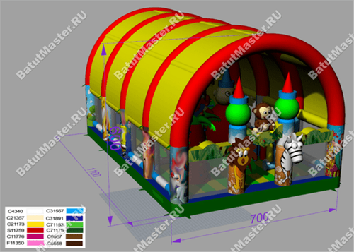 Коммерческий надувной батут "Зверята с крышей 2" 14*8*6 м