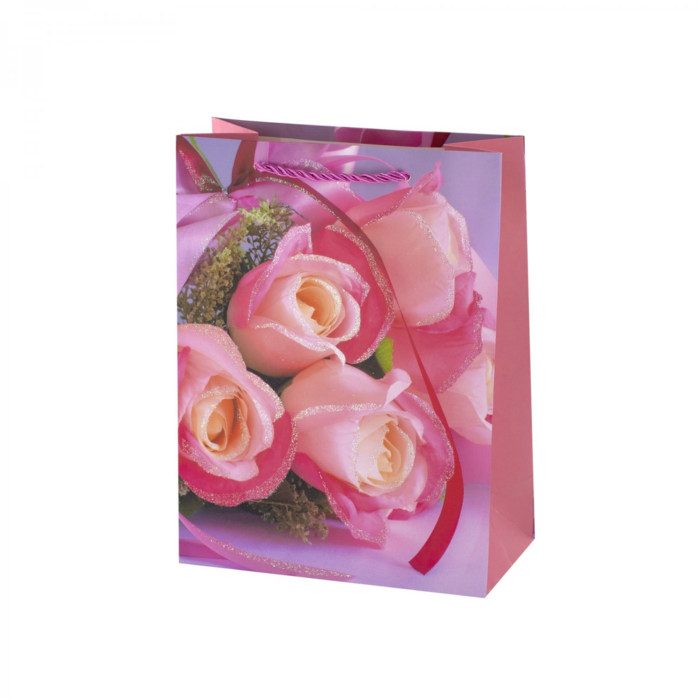 Пакет подарочный бумажный Alingar, (М) 18х24х8,5 см, вертикальный, "Нежные розы", мат. ламинация, глиттер, ассорти